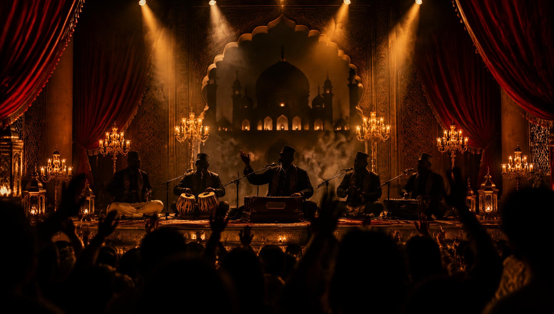 Qawwali stage bathed in golden light